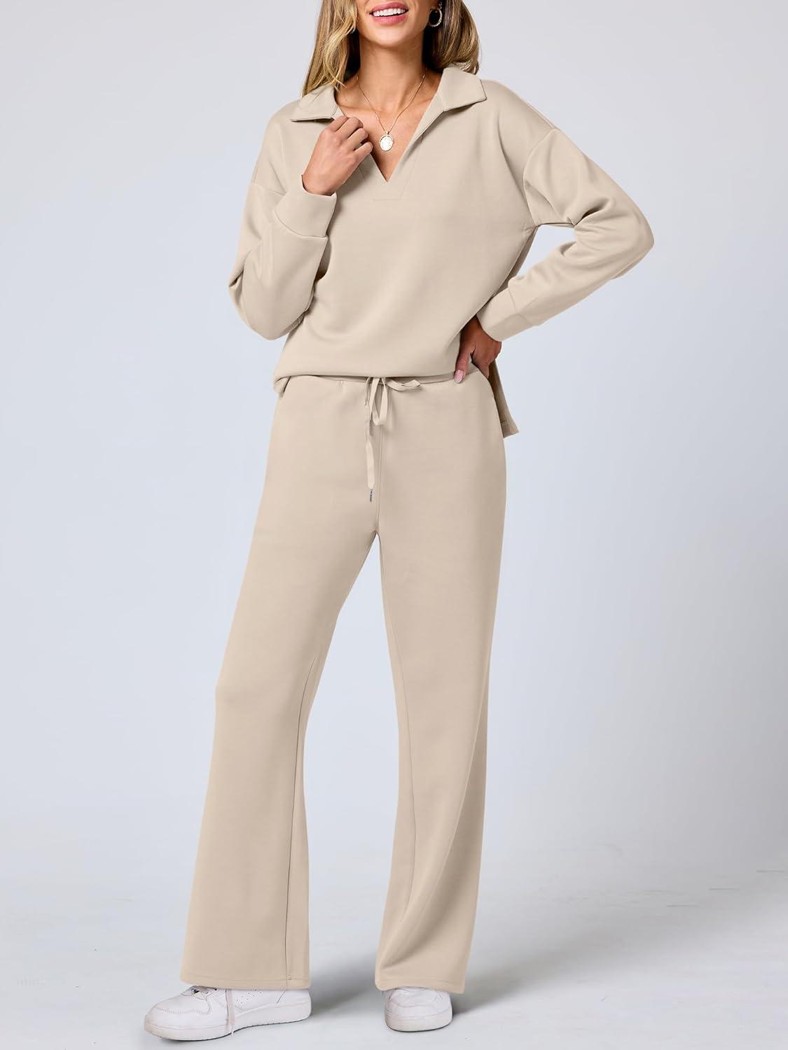 imageANRABESS Womens 2 Piece Outfits Lounge Sets Casual Long Sleeve Sweatsuits Polo Top Wide Leg Pants Fall Sweat Matching SetsLighter Khaki