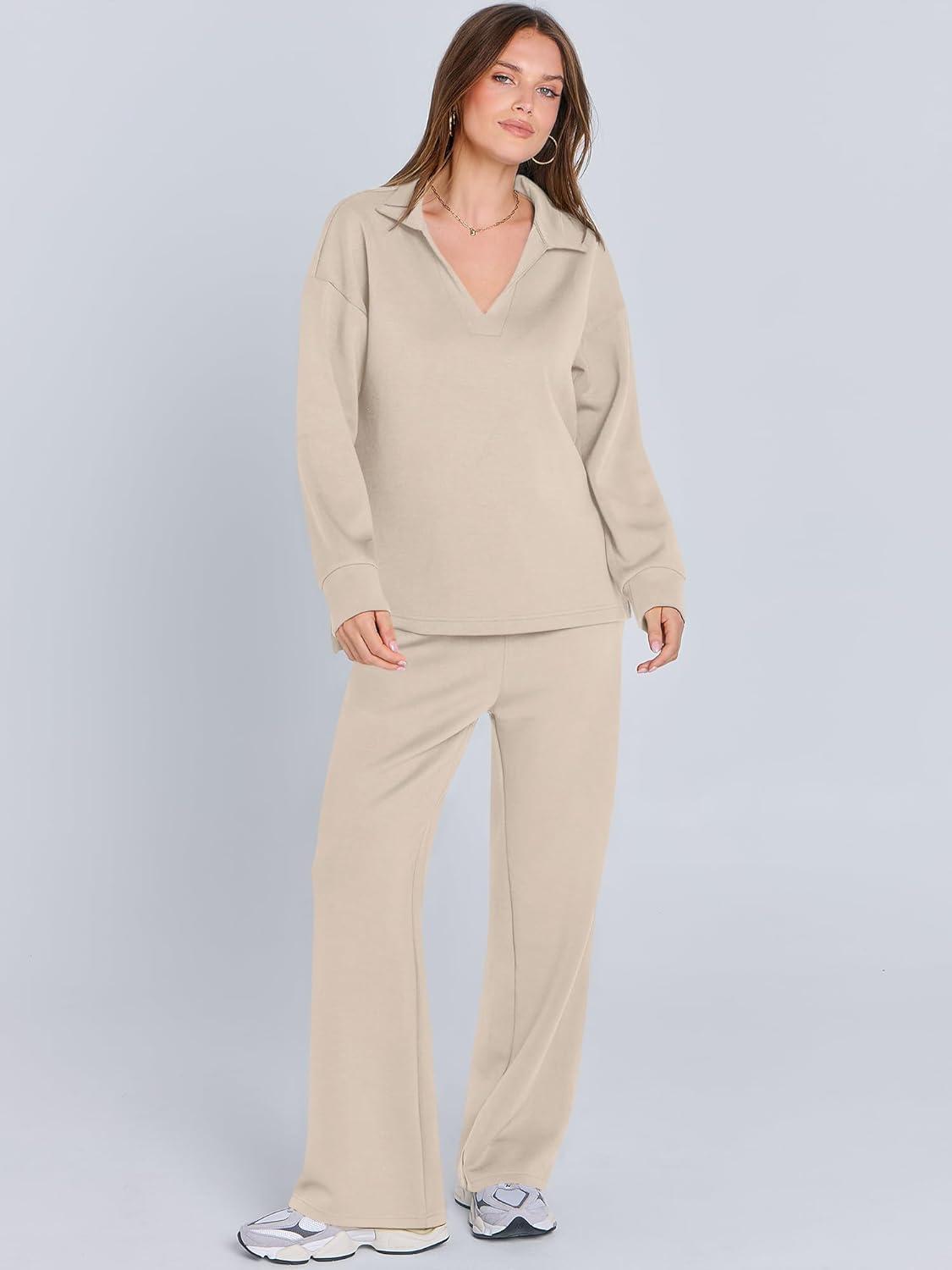 imageANRABESS Womens 2 Piece Outfits Lounge Sets Casual Long Sleeve Sweatsuits Polo Top Wide Leg Pants Fall Sweat Matching SetsLighter Khaki