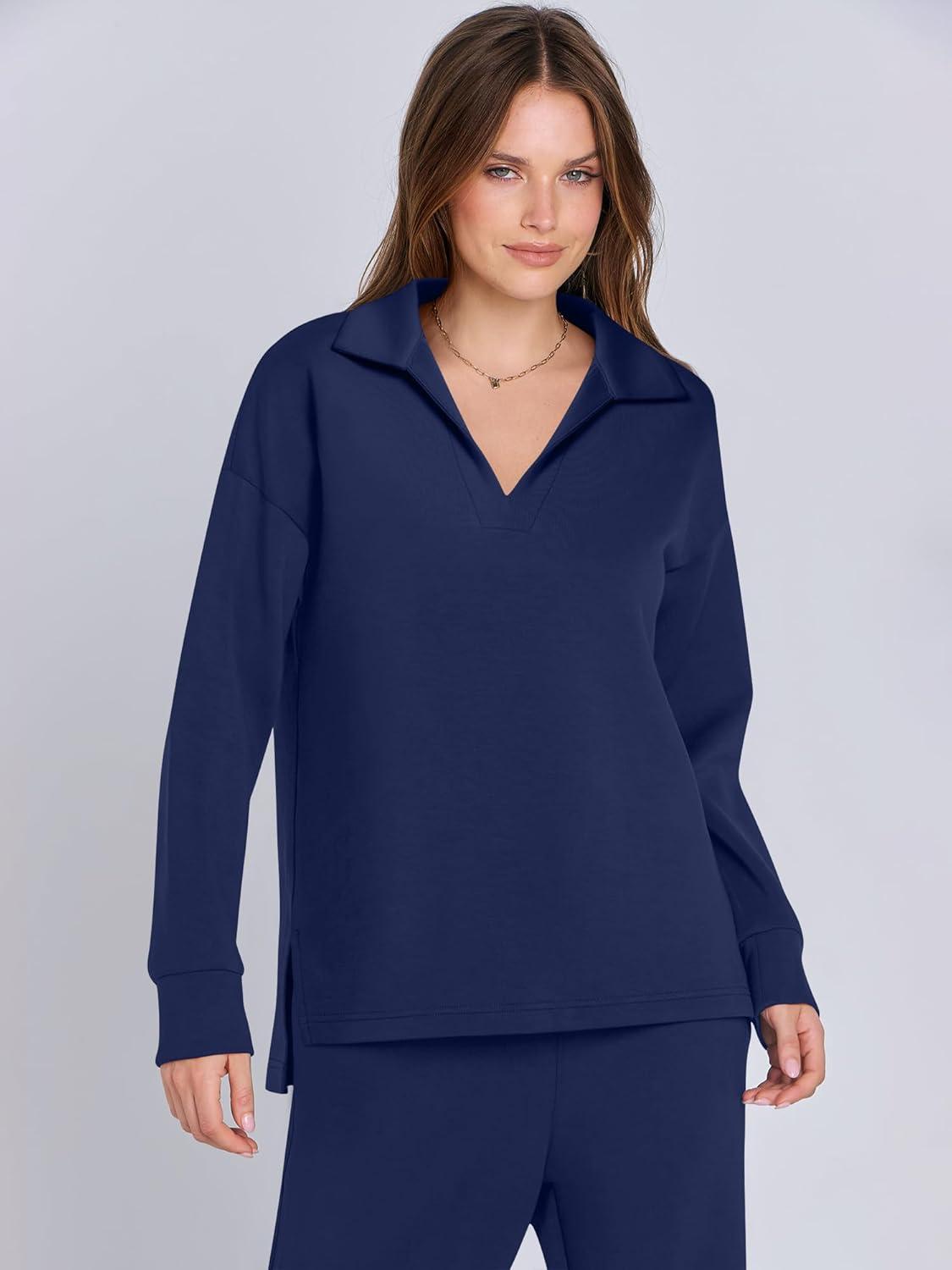 imageANRABESS Womens 2 Piece Outfits Lounge Sets Casual Long Sleeve Sweatsuits Polo Top Wide Leg Pants Fall Sweat Matching SetsNavy Blue