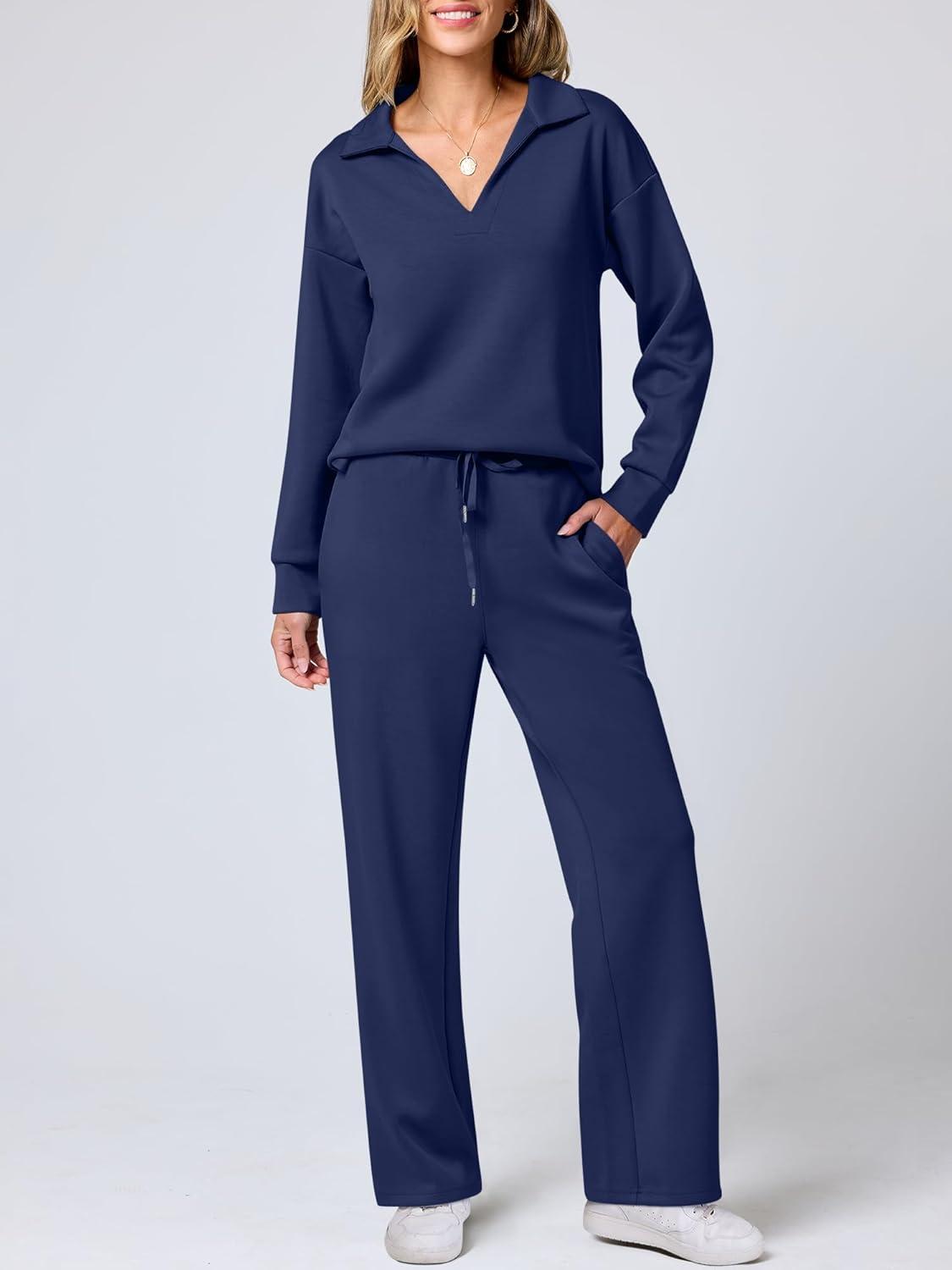 imageANRABESS Womens 2 Piece Outfits Lounge Sets Casual Long Sleeve Sweatsuits Polo Top Wide Leg Pants Fall Sweat Matching SetsNavy Blue