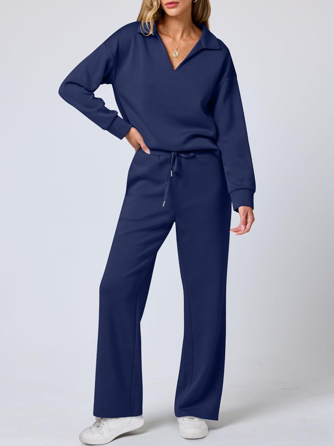 imageANRABESS Womens 2 Piece Outfits Lounge Sets Casual Long Sleeve Sweatsuits Polo Top Wide Leg Pants Fall Sweat Matching SetsNavy Blue