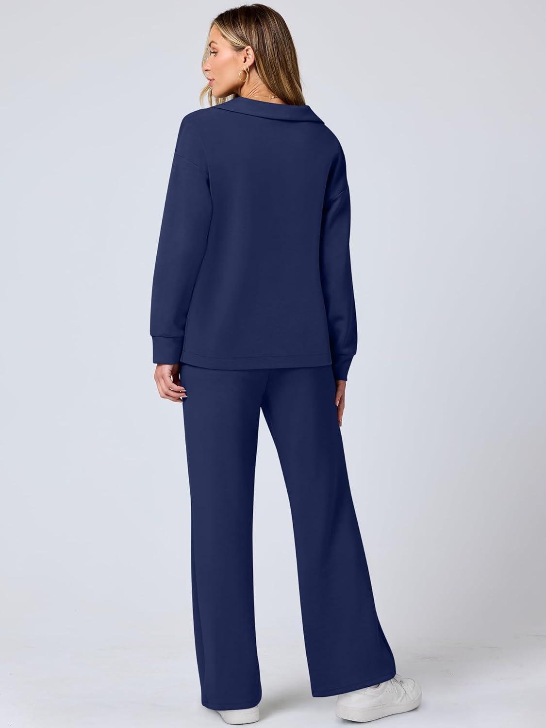imageANRABESS Womens 2 Piece Outfits Lounge Sets Casual Long Sleeve Sweatsuits Polo Top Wide Leg Pants Fall Sweat Matching SetsNavy Blue