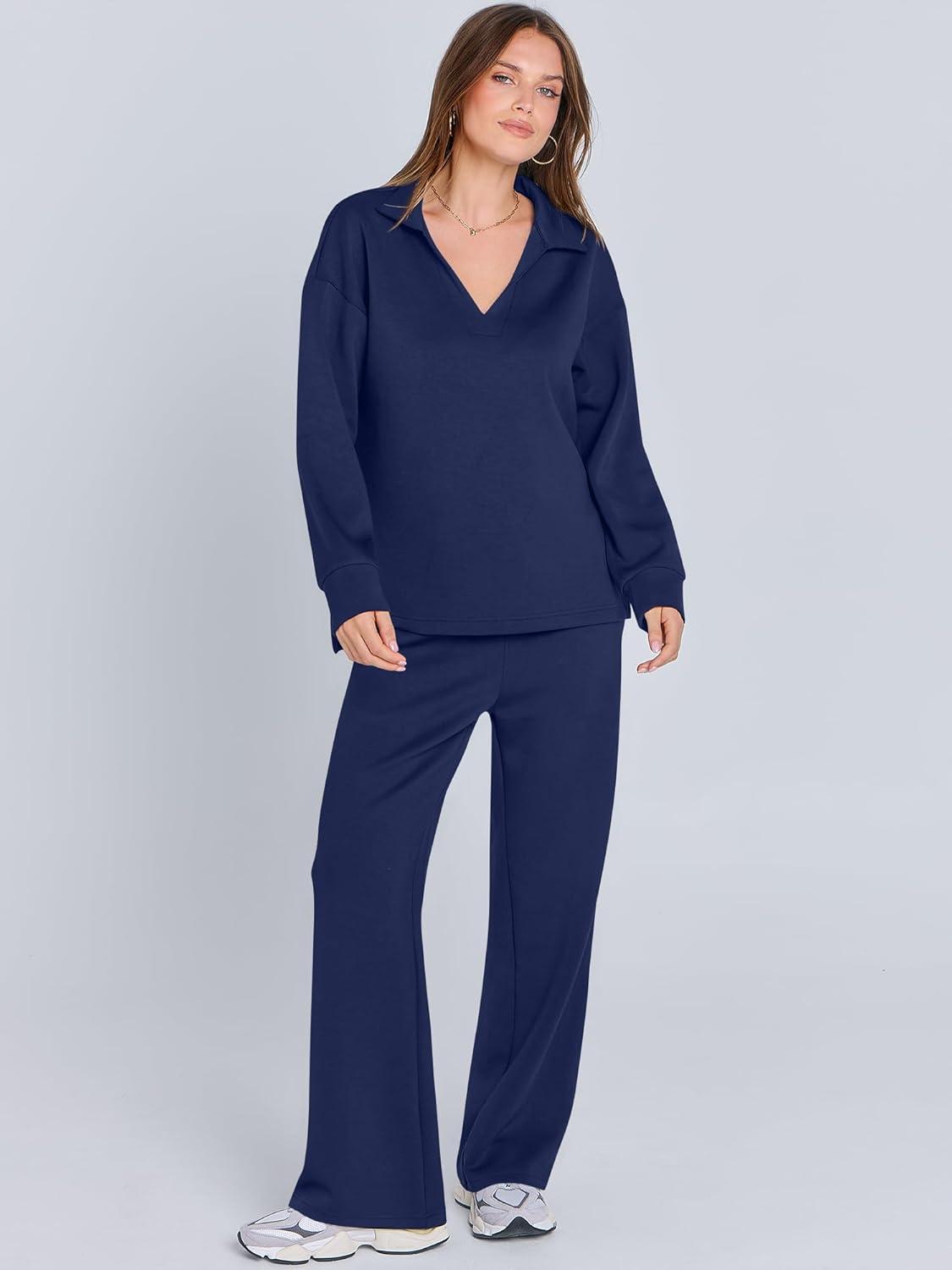 imageANRABESS Womens 2 Piece Outfits Lounge Sets Casual Long Sleeve Sweatsuits Polo Top Wide Leg Pants Fall Sweat Matching SetsNavy Blue