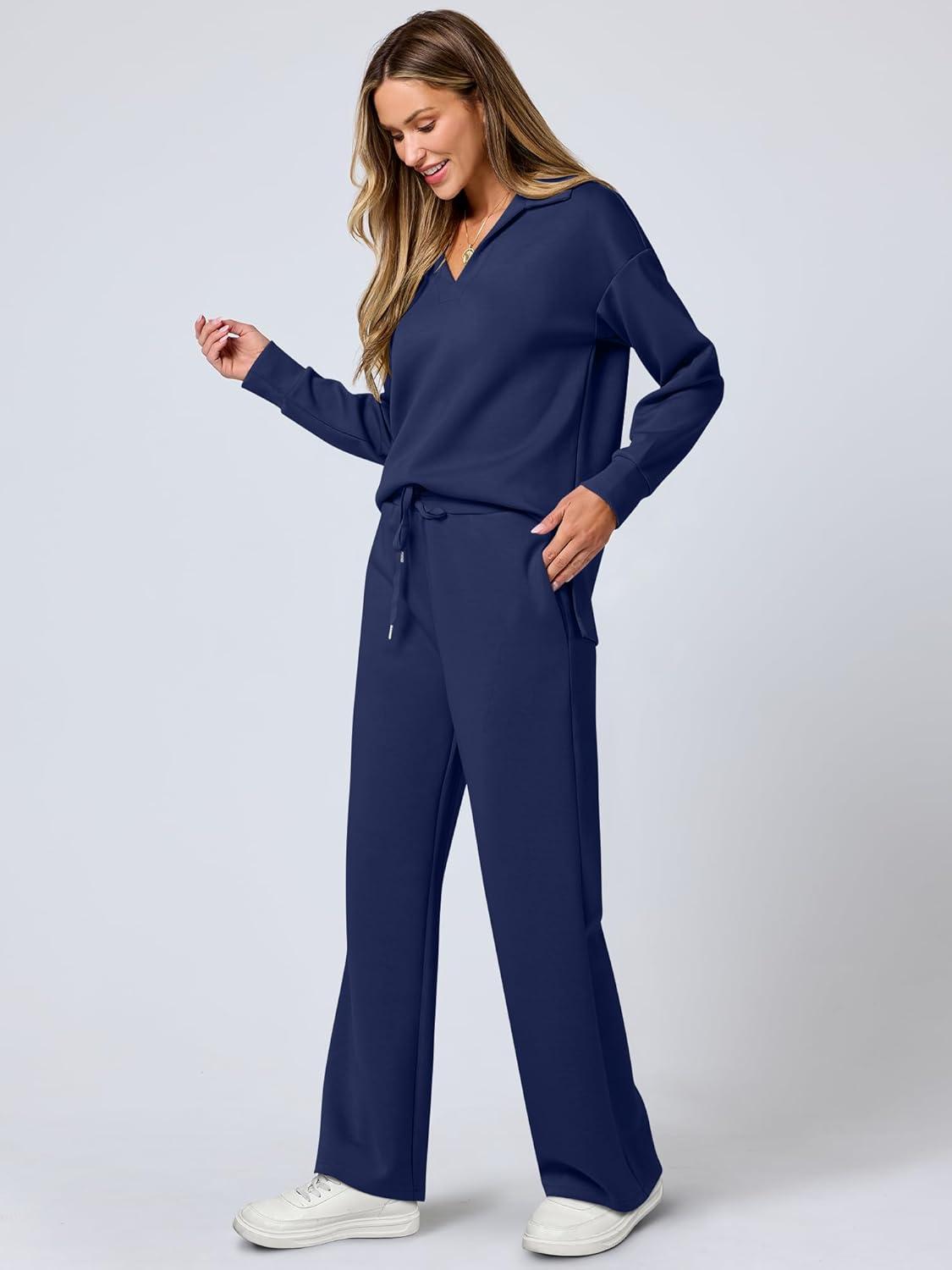 imageANRABESS Womens 2 Piece Outfits Lounge Sets Casual Long Sleeve Sweatsuits Polo Top Wide Leg Pants Fall Sweat Matching SetsNavy Blue