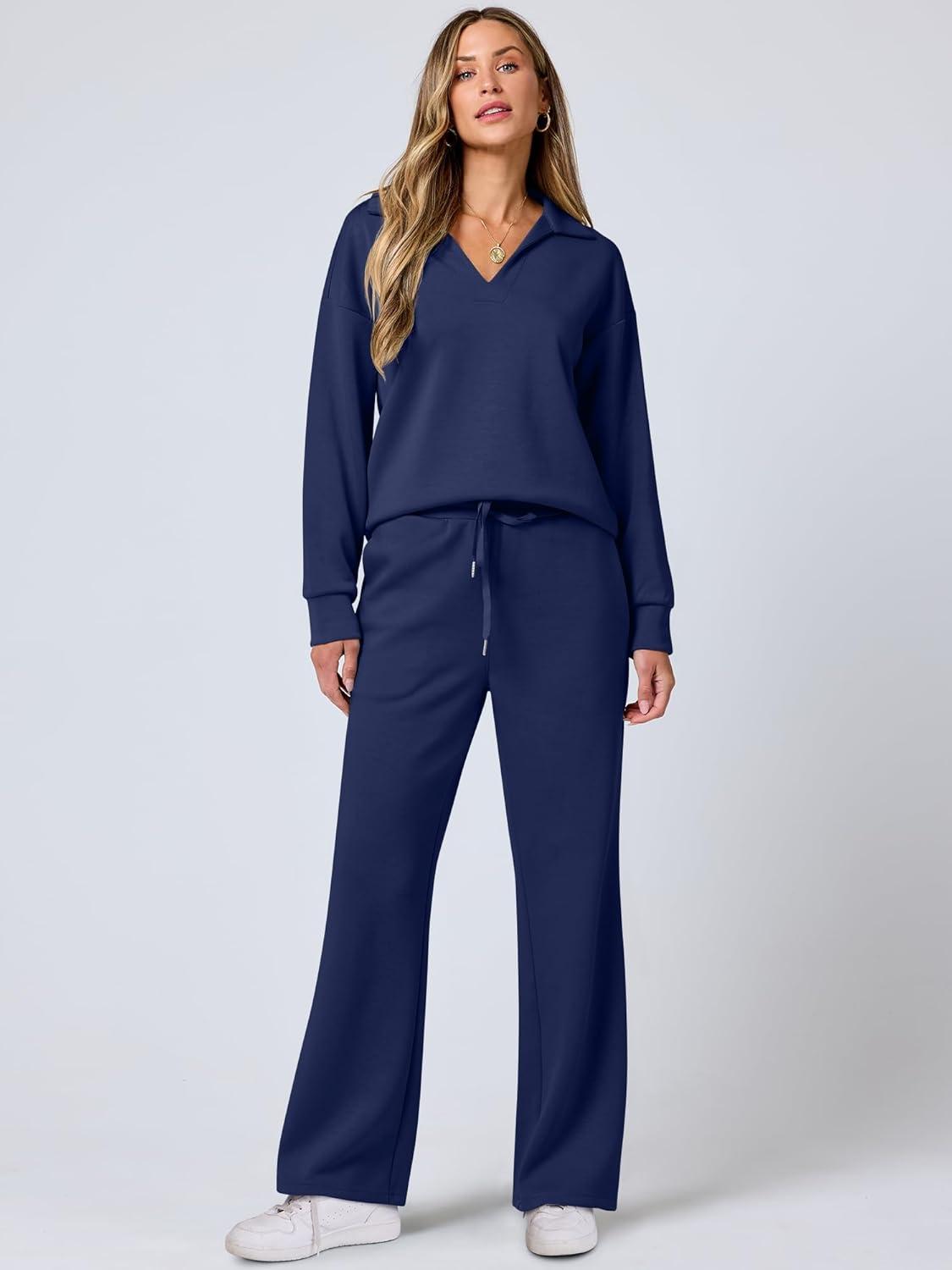 imageANRABESS Womens 2 Piece Outfits Lounge Sets Casual Long Sleeve Sweatsuits Polo Top Wide Leg Pants Fall Sweat Matching SetsNavy Blue