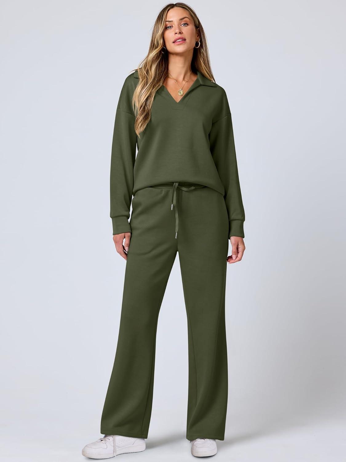 imageANRABESS Womens 2 Piece Outfits Lounge Sets Casual Long Sleeve Sweatsuits Polo Top Wide Leg Pants Fall Sweat Matching SetsOlive