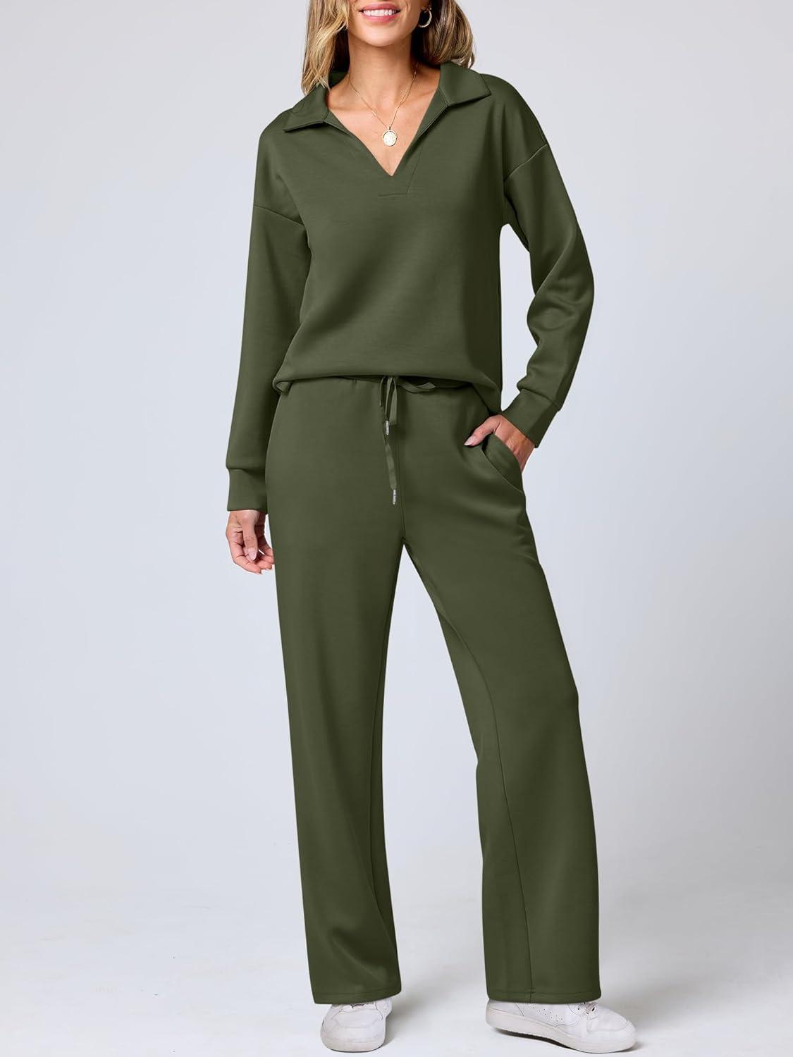 imageANRABESS Womens 2 Piece Outfits Lounge Sets Casual Long Sleeve Sweatsuits Polo Top Wide Leg Pants Fall Sweat Matching SetsOlive