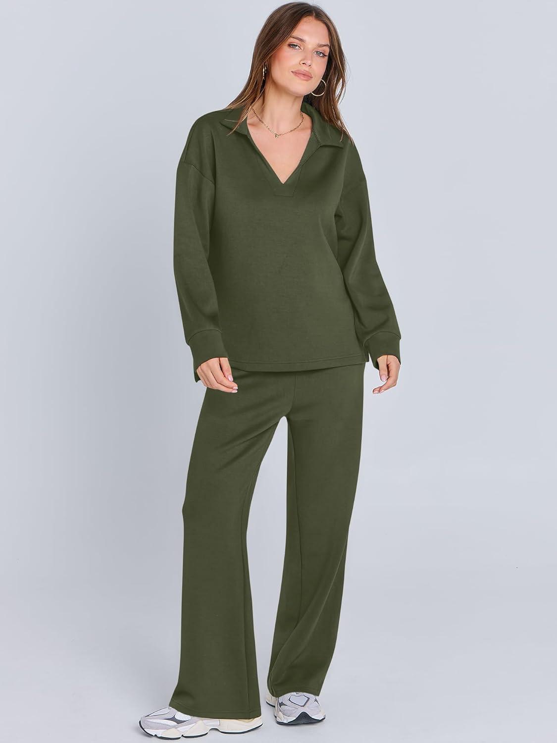 imageANRABESS Womens 2 Piece Outfits Lounge Sets Casual Long Sleeve Sweatsuits Polo Top Wide Leg Pants Fall Sweat Matching SetsOlive
