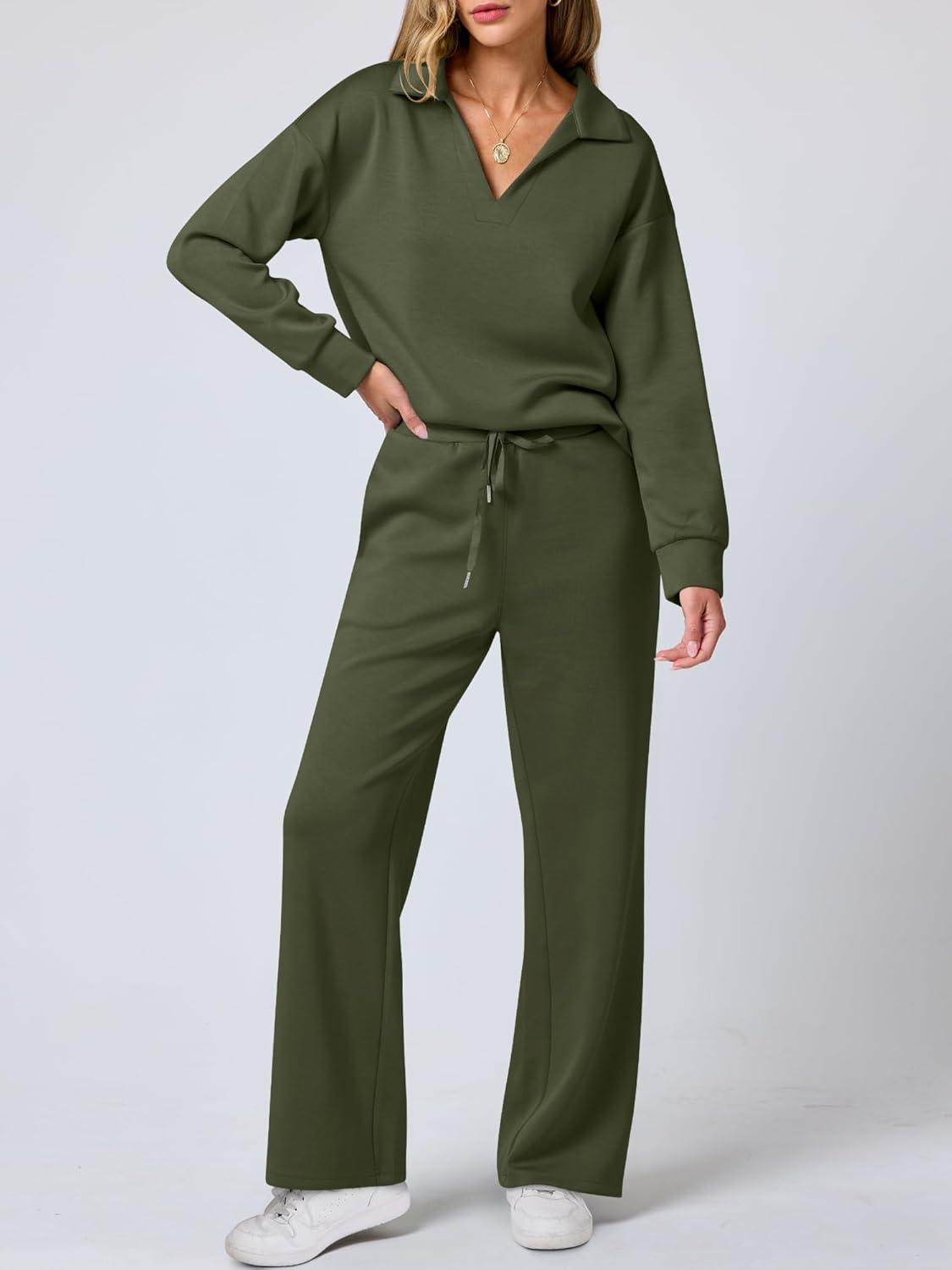 imageANRABESS Womens 2 Piece Outfits Lounge Sets Casual Long Sleeve Sweatsuits Polo Top Wide Leg Pants Fall Sweat Matching SetsOlive