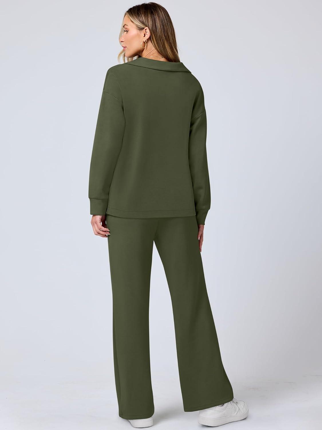 imageANRABESS Womens 2 Piece Outfits Lounge Sets Casual Long Sleeve Sweatsuits Polo Top Wide Leg Pants Fall Sweat Matching SetsOlive