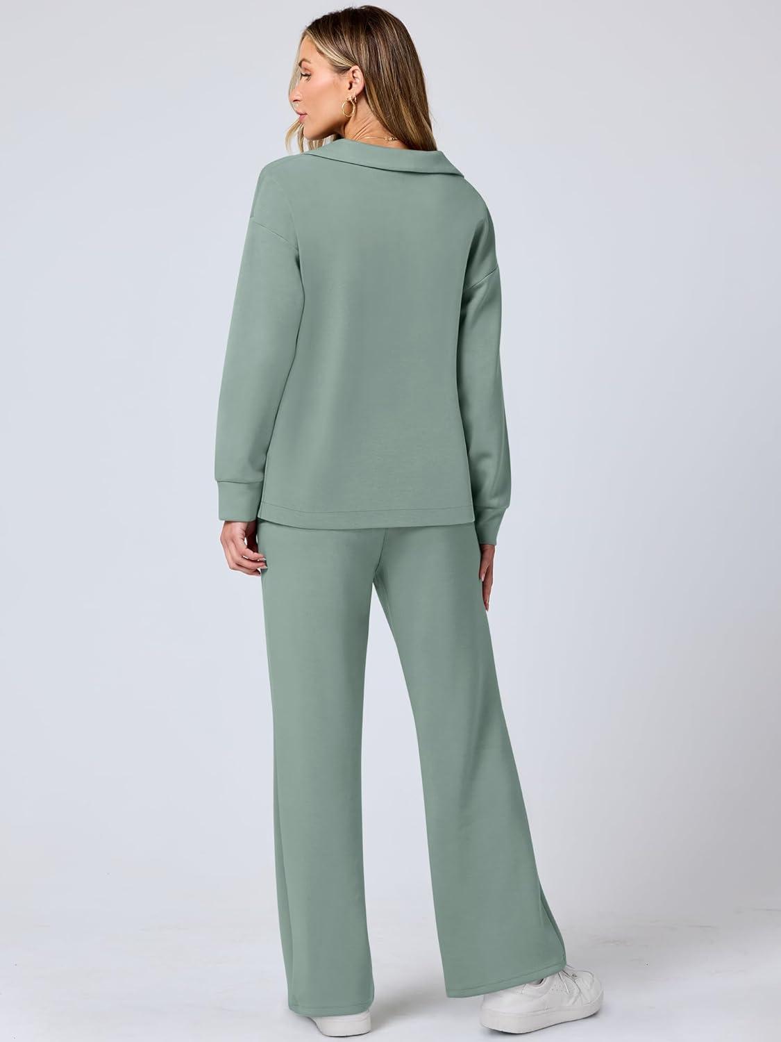 imageANRABESS Womens 2 Piece Outfits Lounge Sets Casual Long Sleeve Sweatsuits Polo Top Wide Leg Pants Fall Sweat Matching SetsPea Green