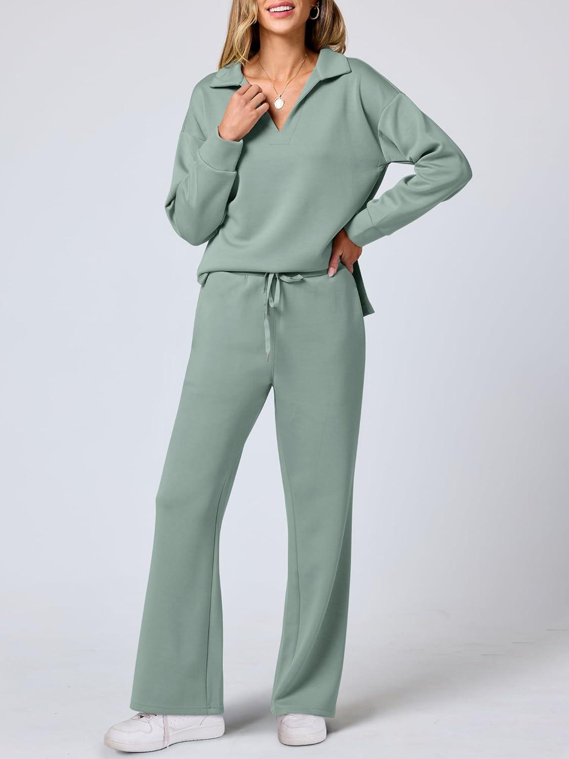 imageANRABESS Womens 2 Piece Outfits Lounge Sets Casual Long Sleeve Sweatsuits Polo Top Wide Leg Pants Fall Sweat Matching SetsPea Green