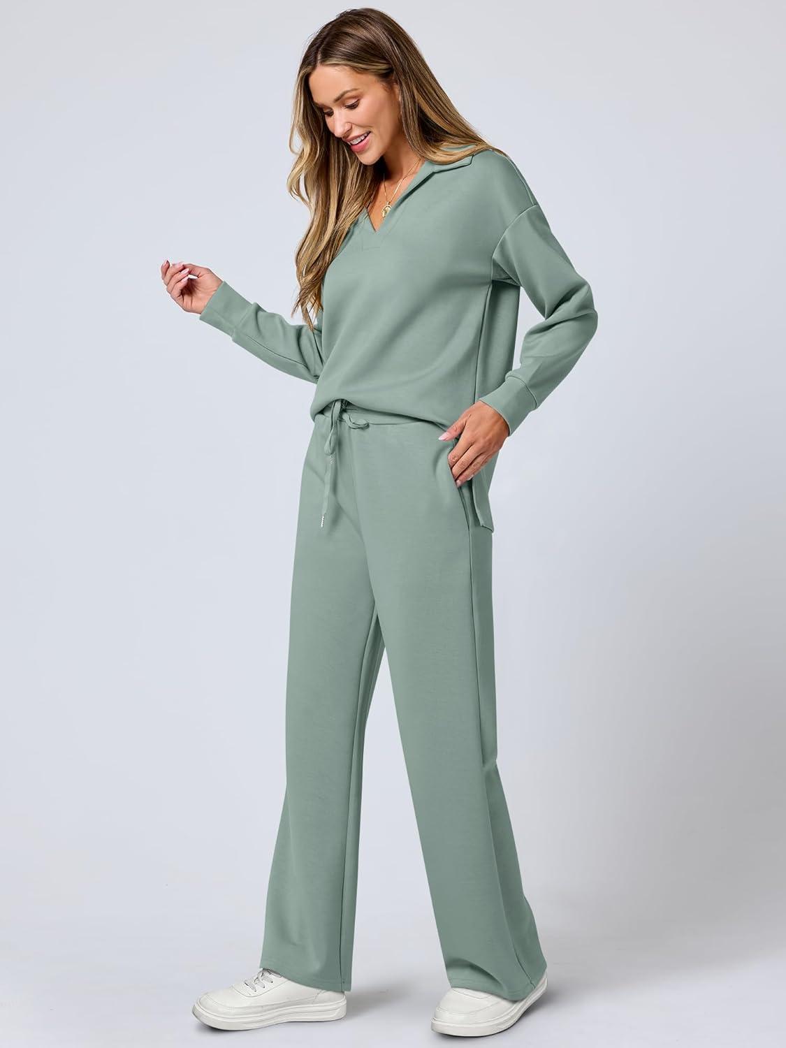 imageANRABESS Womens 2 Piece Outfits Lounge Sets Casual Long Sleeve Sweatsuits Polo Top Wide Leg Pants Fall Sweat Matching SetsPea Green