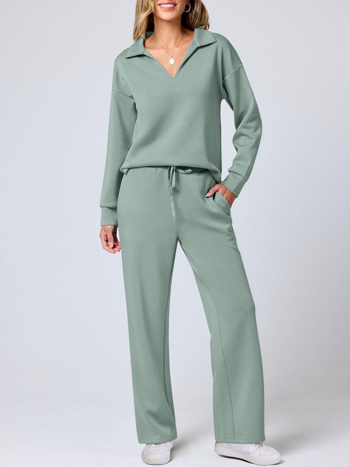 imageANRABESS Womens 2 Piece Outfits Lounge Sets Casual Long Sleeve Sweatsuits Polo Top Wide Leg Pants Fall Sweat Matching SetsPea Green