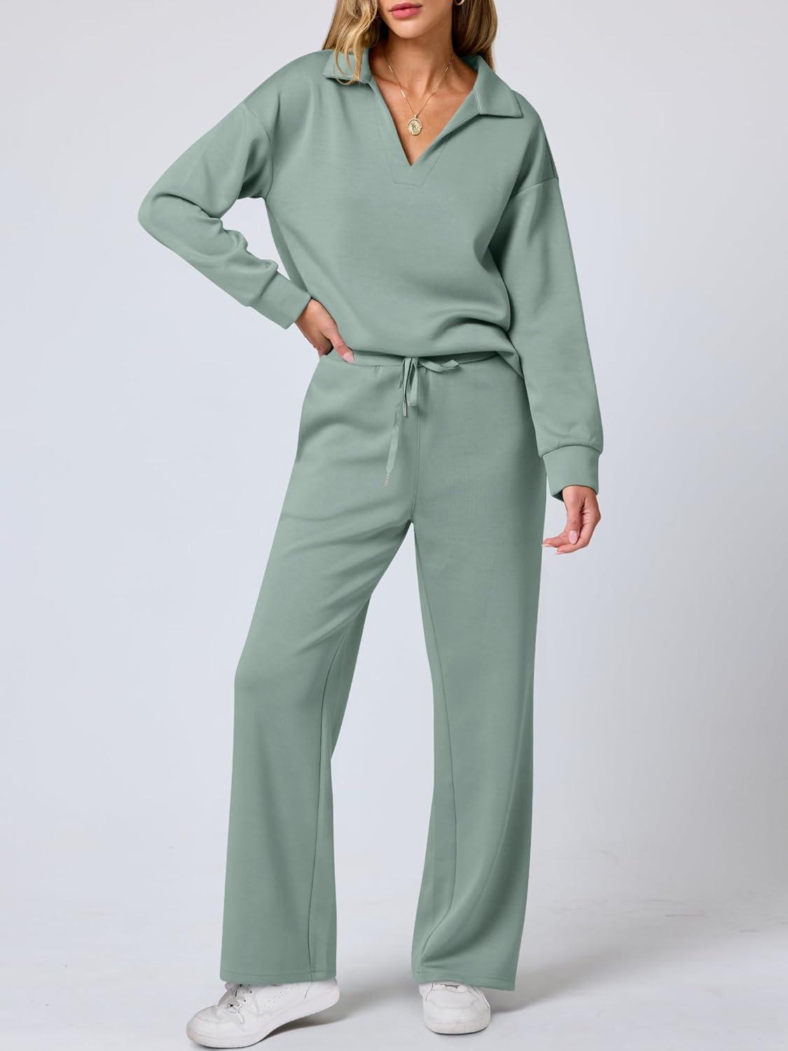 imageANRABESS Womens 2 Piece Outfits Lounge Sets Casual Long Sleeve Sweatsuits Polo Top Wide Leg Pants Fall Sweat Matching SetsPea Green