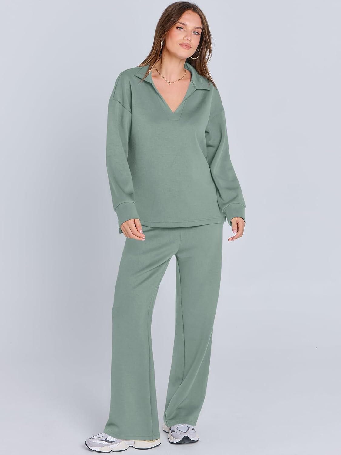 imageANRABESS Womens 2 Piece Outfits Lounge Sets Casual Long Sleeve Sweatsuits Polo Top Wide Leg Pants Fall Sweat Matching SetsPea Green