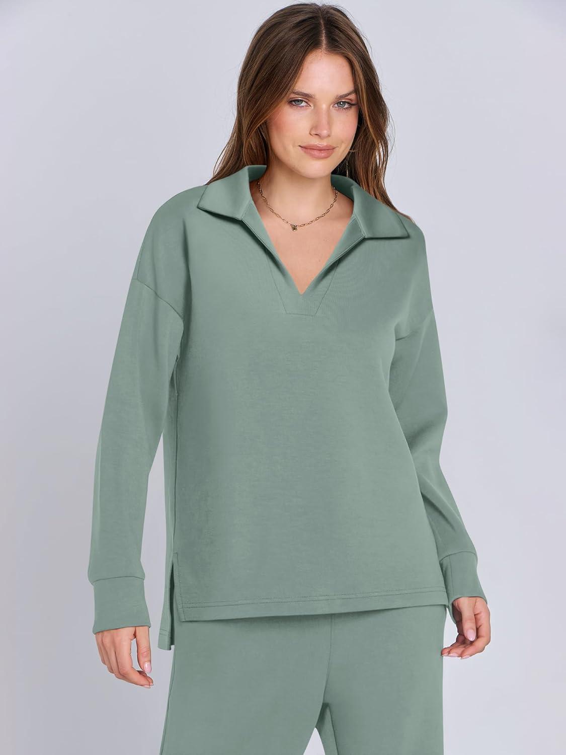 imageANRABESS Womens 2 Piece Outfits Lounge Sets Casual Long Sleeve Sweatsuits Polo Top Wide Leg Pants Fall Sweat Matching SetsPea Green