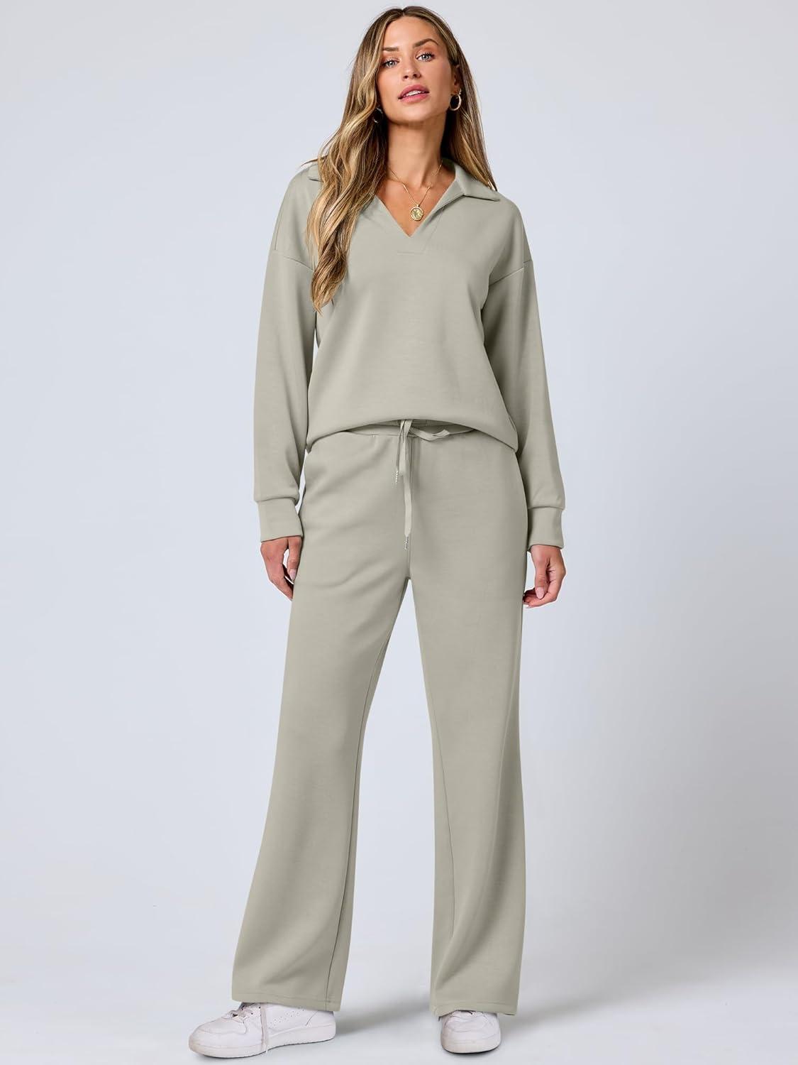 imageANRABESS Womens 2 Piece Outfits Lounge Sets Casual Long Sleeve Sweatsuits Polo Top Wide Leg Pants Fall Sweat Matching SetsPeytoe