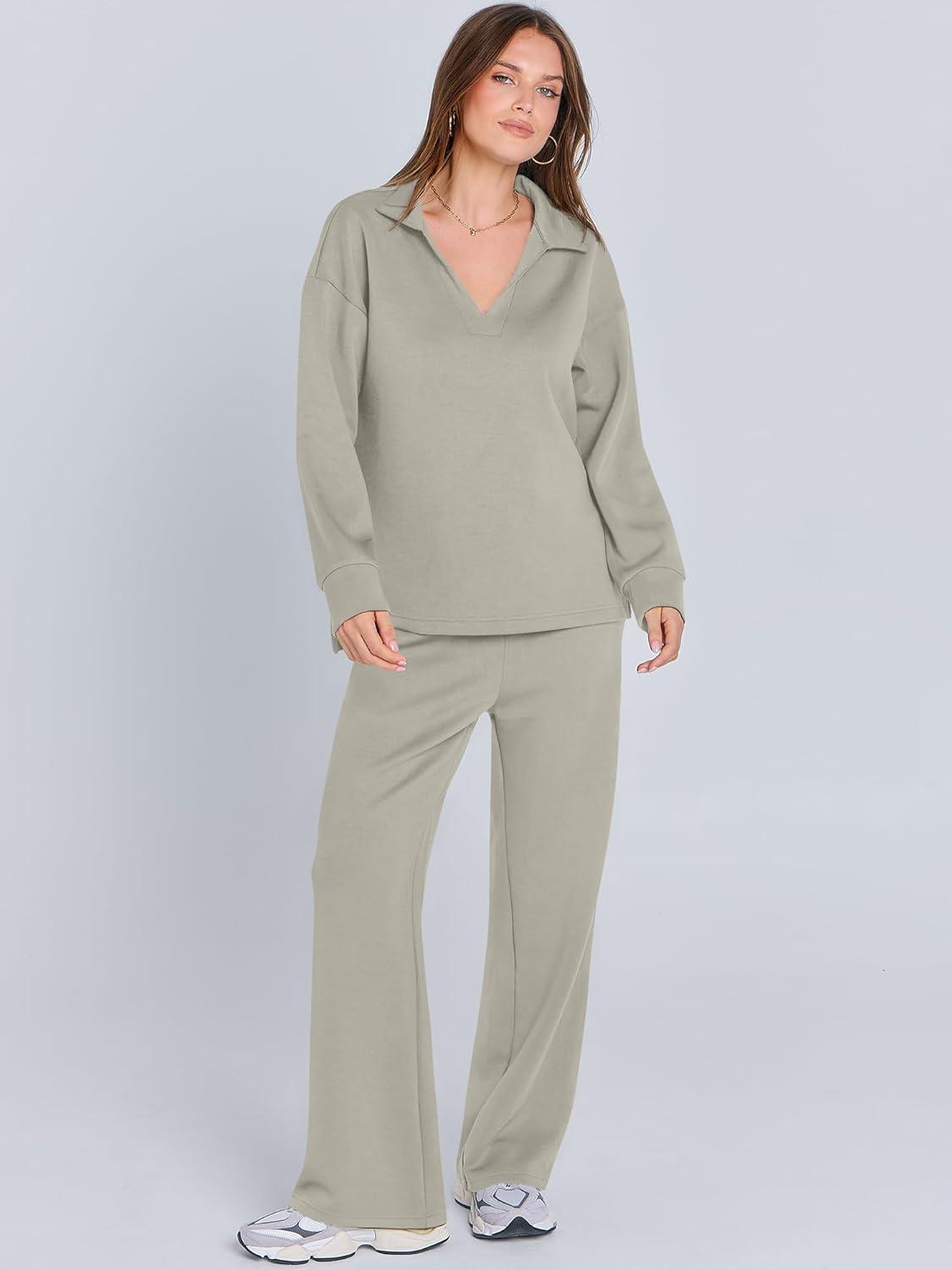 imageANRABESS Womens 2 Piece Outfits Lounge Sets Casual Long Sleeve Sweatsuits Polo Top Wide Leg Pants Fall Sweat Matching SetsPeytoe