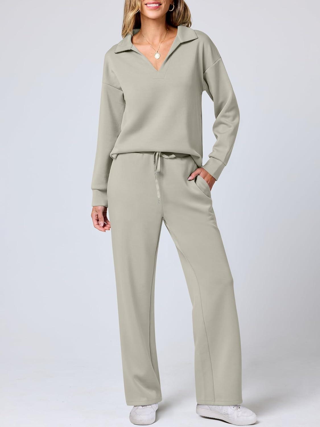 imageANRABESS Womens 2 Piece Outfits Lounge Sets Casual Long Sleeve Sweatsuits Polo Top Wide Leg Pants Fall Sweat Matching SetsPeytoe