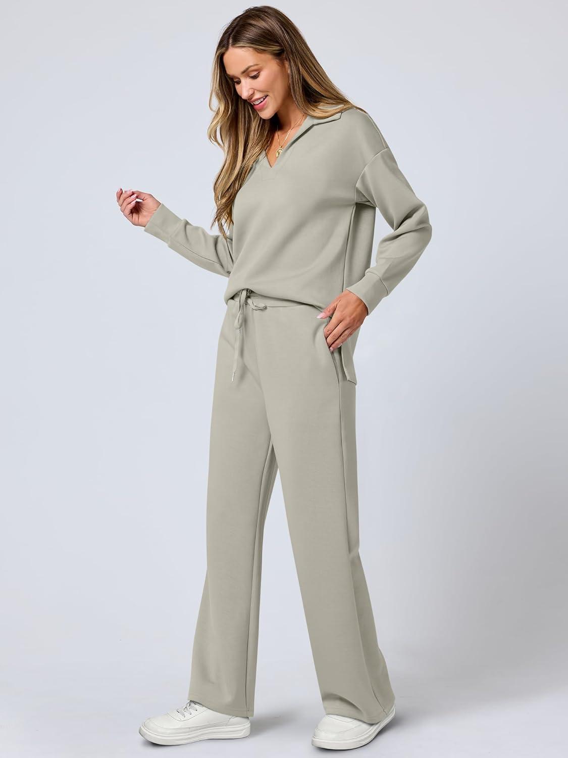 imageANRABESS Womens 2 Piece Outfits Lounge Sets Casual Long Sleeve Sweatsuits Polo Top Wide Leg Pants Fall Sweat Matching SetsPeytoe