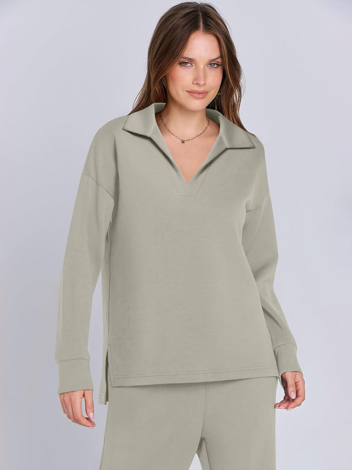 imageANRABESS Womens 2 Piece Outfits Lounge Sets Casual Long Sleeve Sweatsuits Polo Top Wide Leg Pants Fall Sweat Matching SetsPeytoe