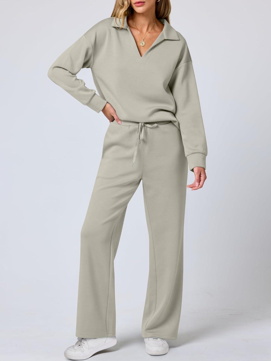 imageANRABESS Womens 2 Piece Outfits Lounge Sets Casual Long Sleeve Sweatsuits Polo Top Wide Leg Pants Fall Sweat Matching SetsPeytoe