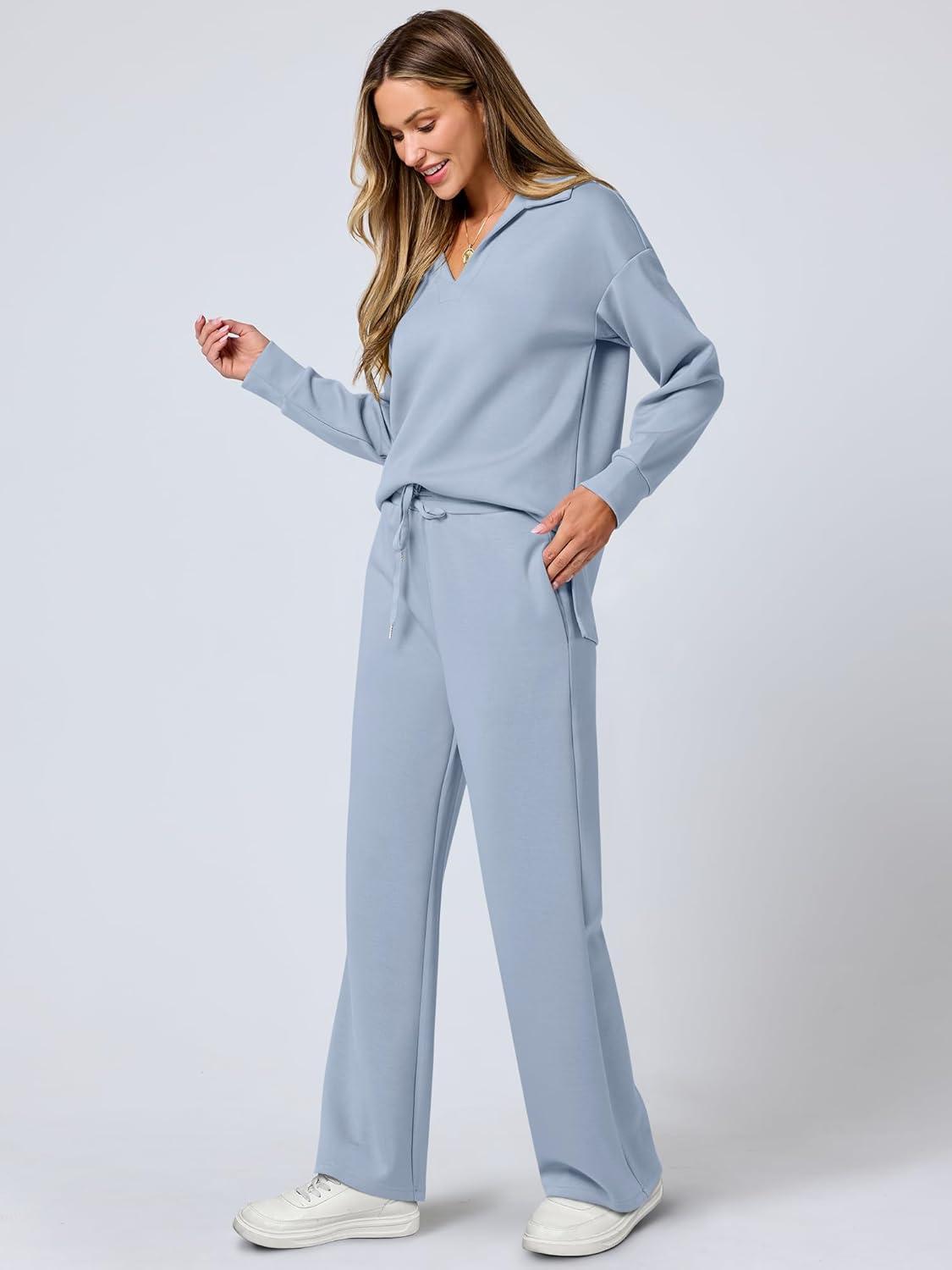 imageANRABESS Womens 2 Piece Outfits Lounge Sets Casual Long Sleeve Sweatsuits Polo Top Wide Leg Pants Fall Sweat Matching SetsSky Blue