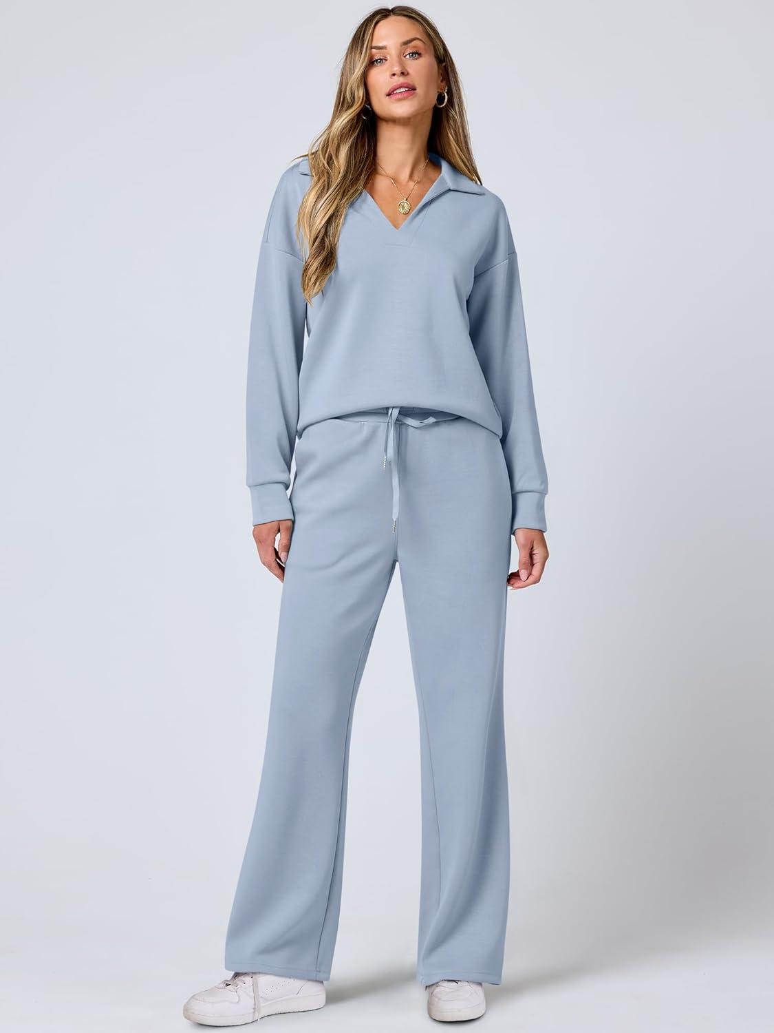 imageANRABESS Womens 2 Piece Outfits Lounge Sets Casual Long Sleeve Sweatsuits Polo Top Wide Leg Pants Fall Sweat Matching SetsSky Blue