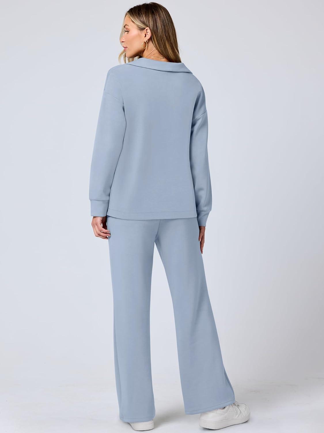 imageANRABESS Womens 2 Piece Outfits Lounge Sets Casual Long Sleeve Sweatsuits Polo Top Wide Leg Pants Fall Sweat Matching SetsSky Blue