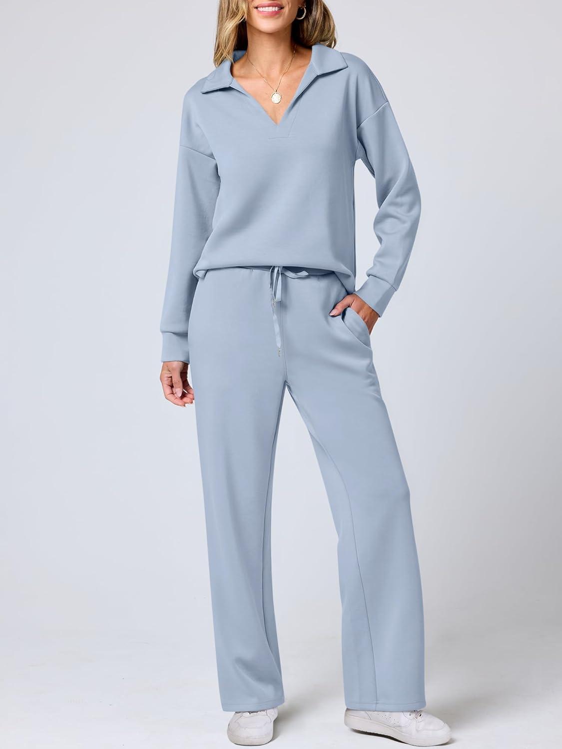 imageANRABESS Womens 2 Piece Outfits Lounge Sets Casual Long Sleeve Sweatsuits Polo Top Wide Leg Pants Fall Sweat Matching SetsSky Blue