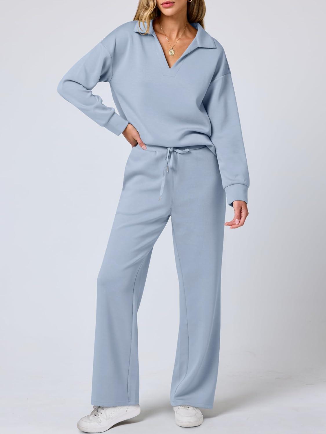 imageANRABESS Womens 2 Piece Outfits Lounge Sets Casual Long Sleeve Sweatsuits Polo Top Wide Leg Pants Fall Sweat Matching SetsSky Blue