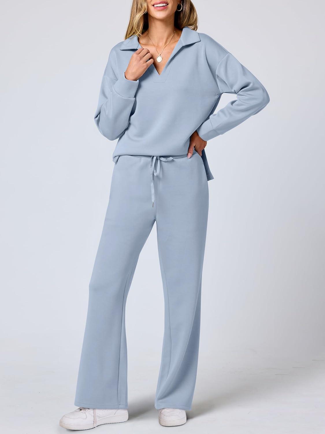 imageANRABESS Womens 2 Piece Outfits Lounge Sets Casual Long Sleeve Sweatsuits Polo Top Wide Leg Pants Fall Sweat Matching SetsSky Blue