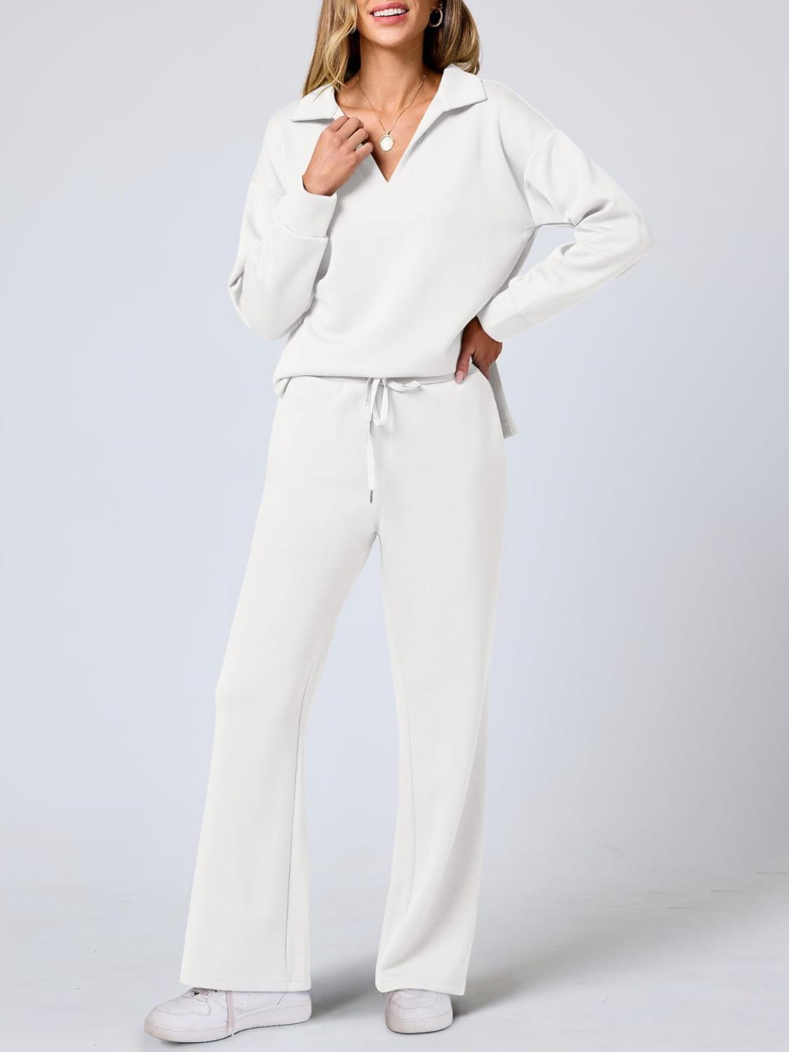 imageANRABESS Womens 2 Piece Outfits Lounge Sets Casual Long Sleeve Sweatsuits Polo Top Wide Leg Pants Fall Sweat Matching SetsWhite
