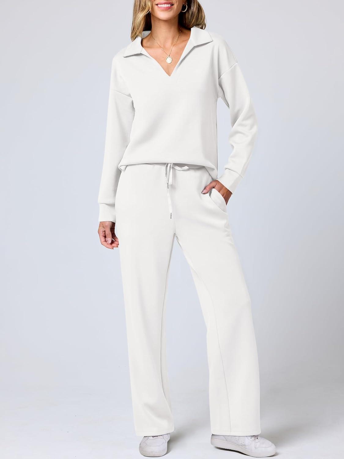 imageANRABESS Womens 2 Piece Outfits Lounge Sets Casual Long Sleeve Sweatsuits Polo Top Wide Leg Pants Fall Sweat Matching SetsWhite