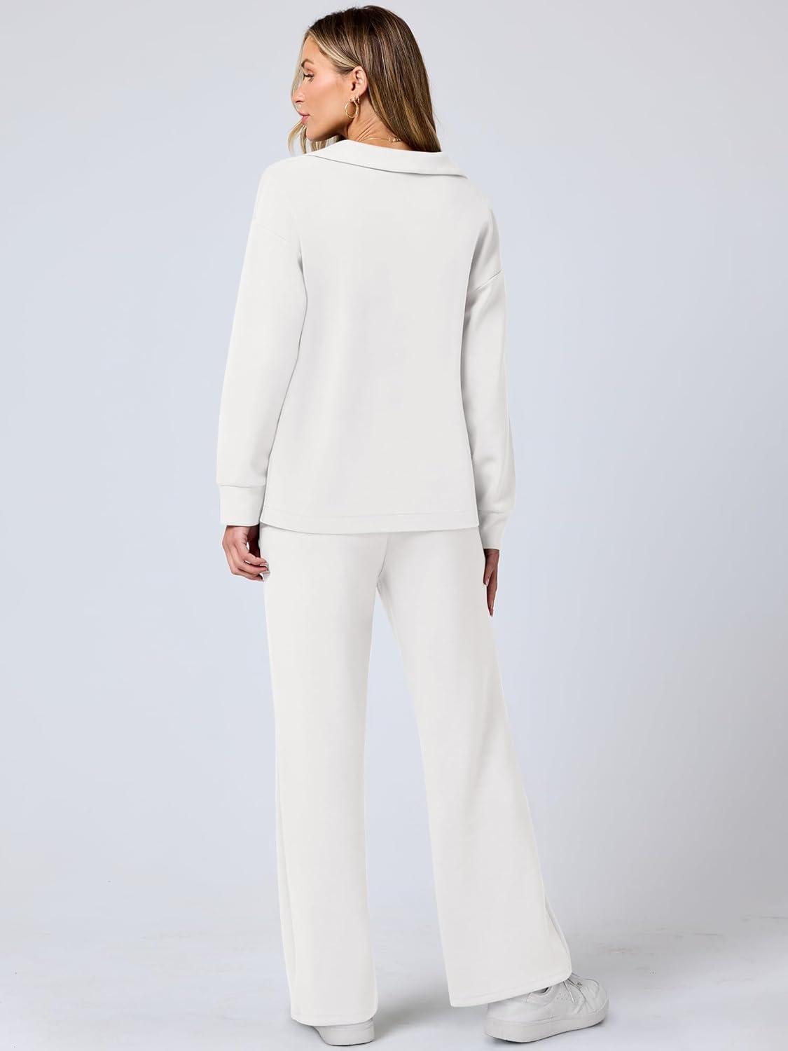 imageANRABESS Womens 2 Piece Outfits Lounge Sets Casual Long Sleeve Sweatsuits Polo Top Wide Leg Pants Fall Sweat Matching SetsWhite