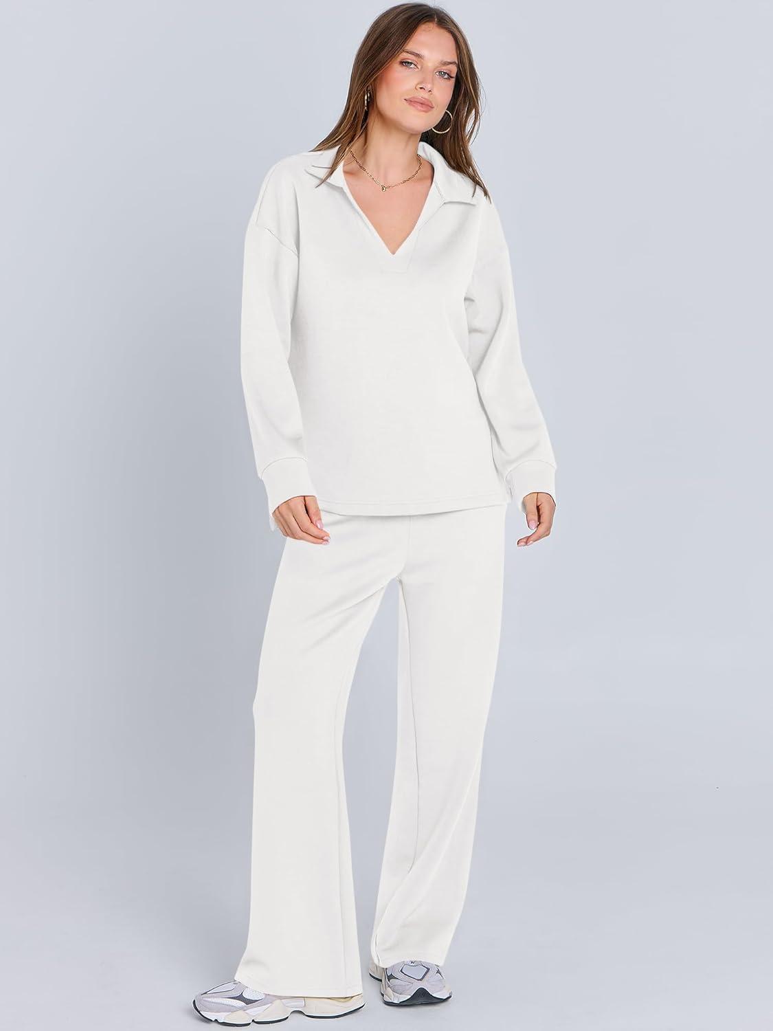 imageANRABESS Womens 2 Piece Outfits Lounge Sets Casual Long Sleeve Sweatsuits Polo Top Wide Leg Pants Fall Sweat Matching SetsWhite