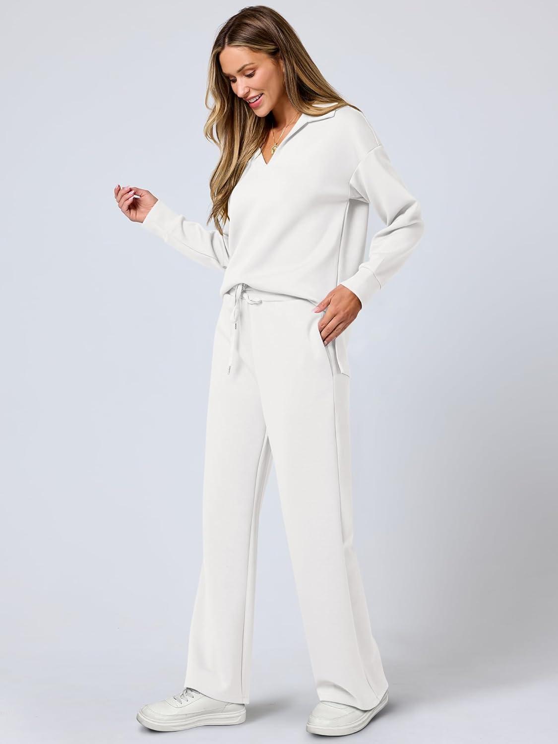 imageANRABESS Womens 2 Piece Outfits Lounge Sets Casual Long Sleeve Sweatsuits Polo Top Wide Leg Pants Fall Sweat Matching SetsWhite