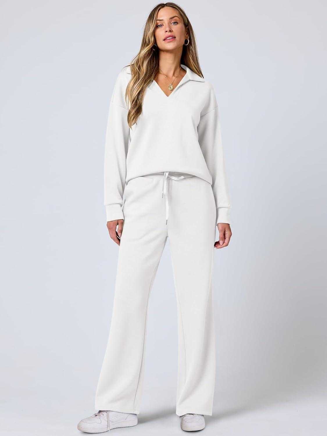 imageANRABESS Womens 2 Piece Outfits Lounge Sets Casual Long Sleeve Sweatsuits Polo Top Wide Leg Pants Fall Sweat Matching SetsWhite