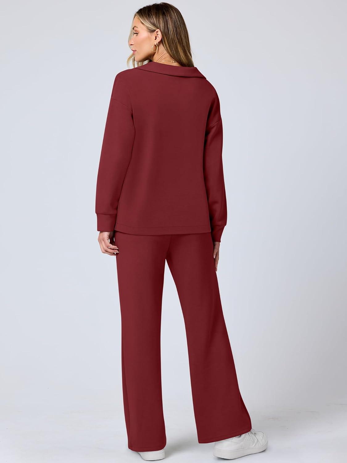 imageANRABESS Womens 2 Piece Outfits Lounge Sets Casual Long Sleeve Sweatsuits Polo Top Wide Leg Pants Fall Sweat Matching SetsWine Red