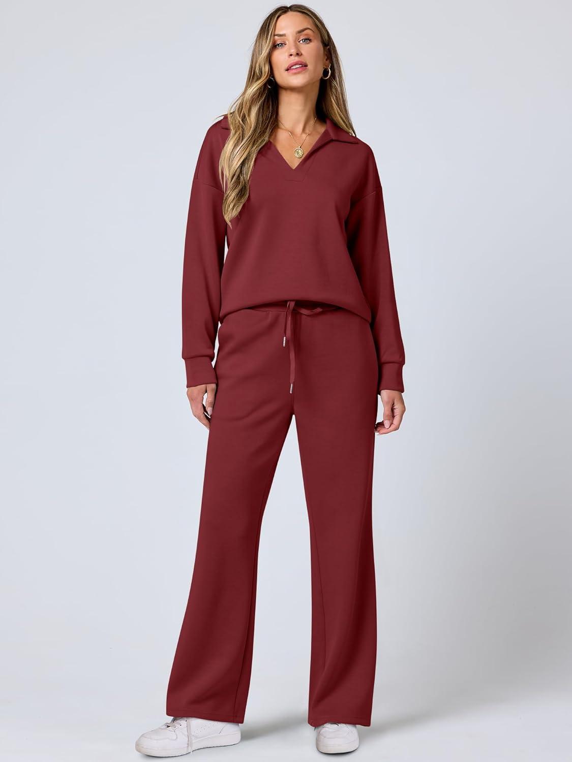 imageANRABESS Womens 2 Piece Outfits Lounge Sets Casual Long Sleeve Sweatsuits Polo Top Wide Leg Pants Fall Sweat Matching SetsWine Red
