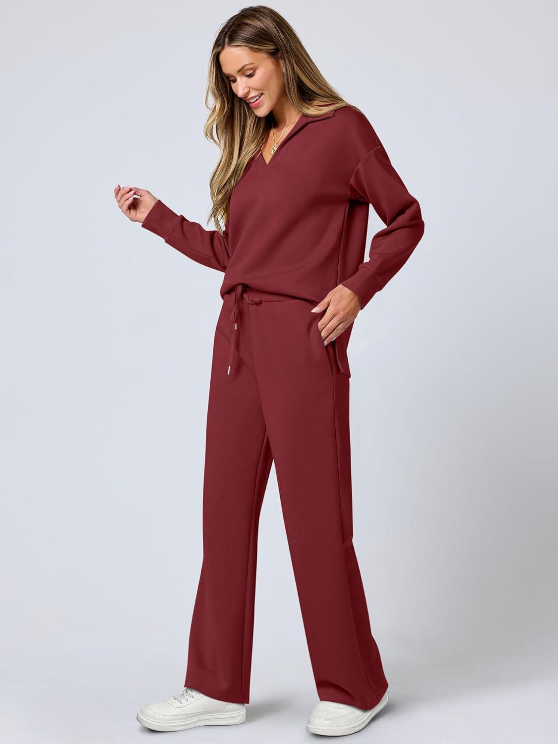imageANRABESS Womens 2 Piece Outfits Lounge Sets Casual Long Sleeve Sweatsuits Polo Top Wide Leg Pants Fall Sweat Matching SetsWine Red