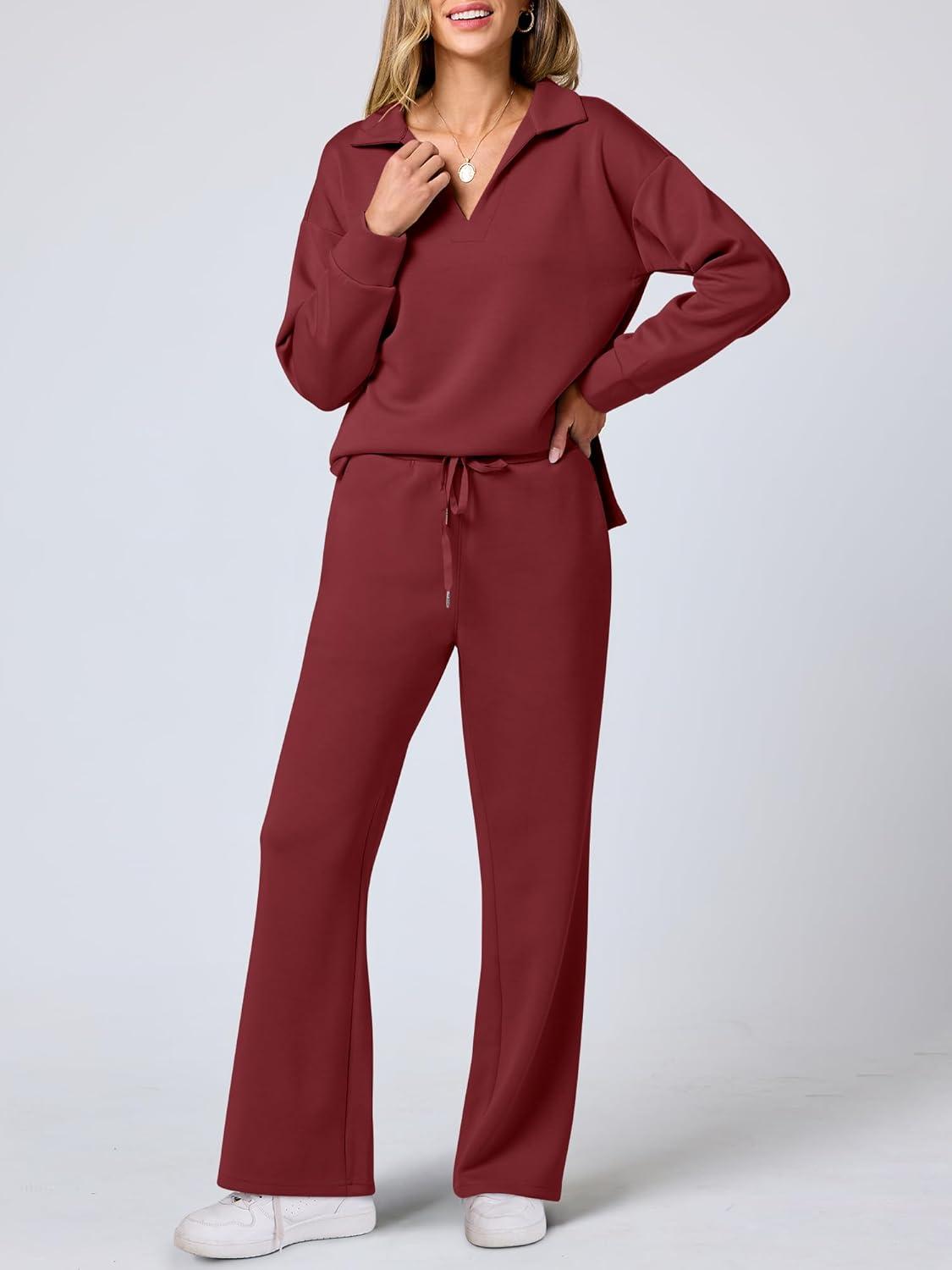 imageANRABESS Womens 2 Piece Outfits Lounge Sets Casual Long Sleeve Sweatsuits Polo Top Wide Leg Pants Fall Sweat Matching SetsWine Red
