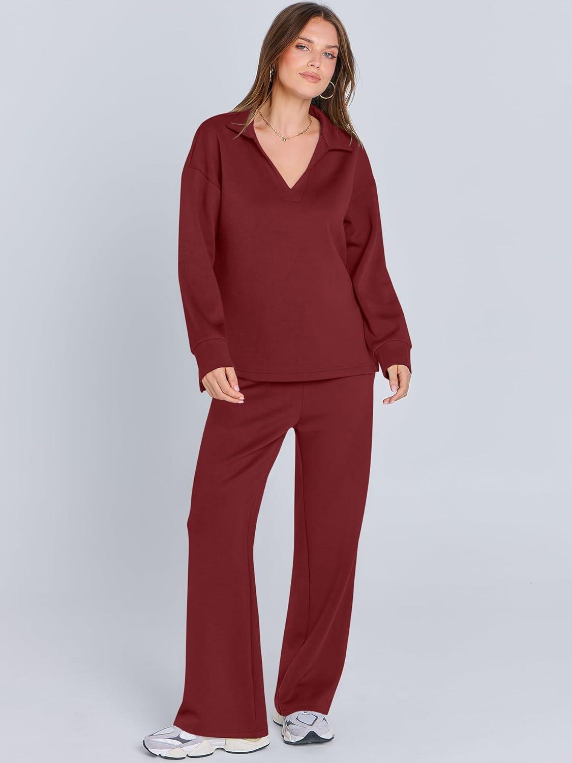 imageANRABESS Womens 2 Piece Outfits Lounge Sets Casual Long Sleeve Sweatsuits Polo Top Wide Leg Pants Fall Sweat Matching SetsWine Red