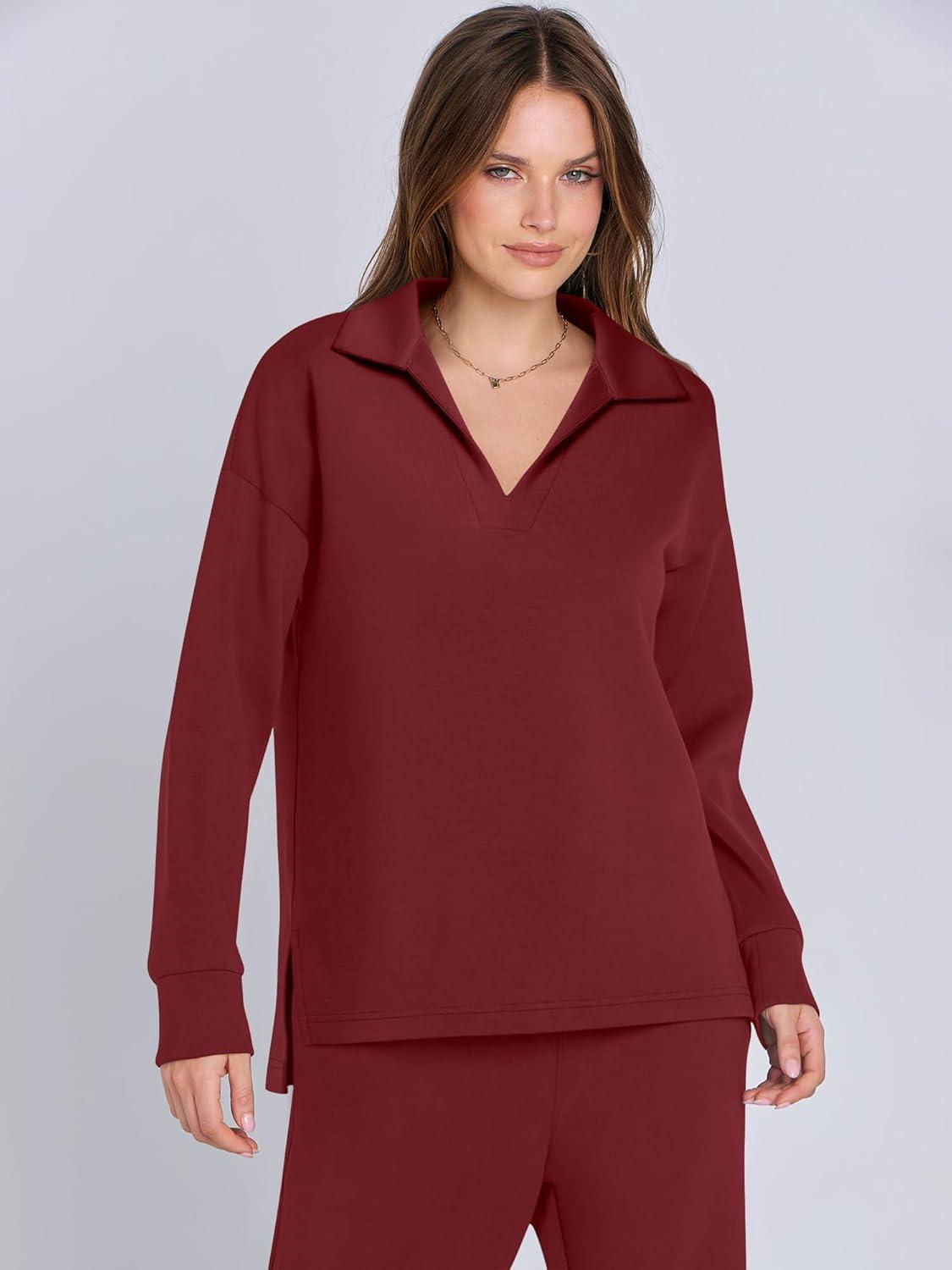 imageANRABESS Womens 2 Piece Outfits Lounge Sets Casual Long Sleeve Sweatsuits Polo Top Wide Leg Pants Fall Sweat Matching SetsWine Red