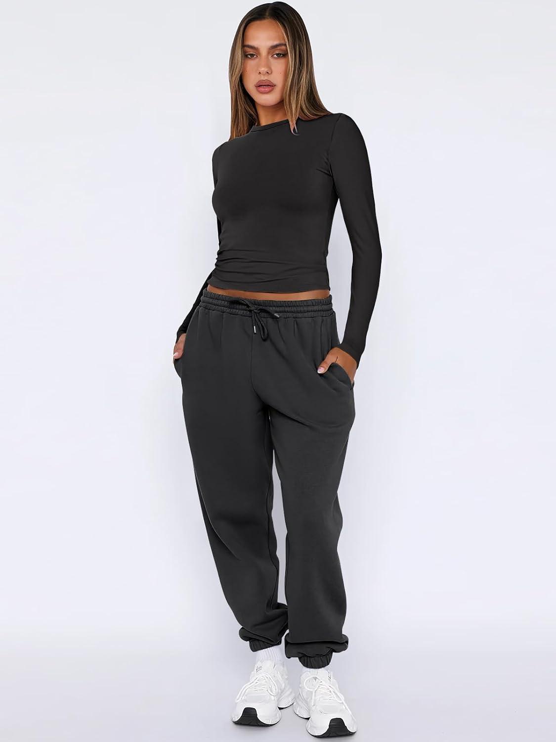 imageANRABESS Womens 2 Piece Sweatsuits Long Sleeve Tight Shirt Tops Joggers Fleece Sweatpants Sets 2025 Fall Sweat Lounge OutfitsBlack