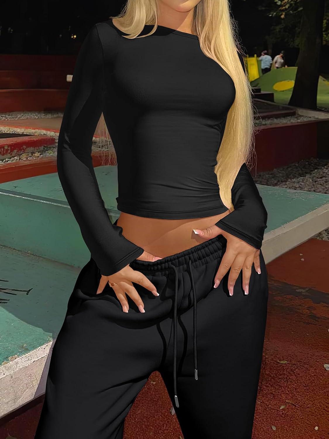 imageANRABESS Womens 2 Piece Sweatsuits Long Sleeve Tight Shirt Tops Joggers Fleece Sweatpants Sets 2025 Fall Sweat Lounge OutfitsBlack