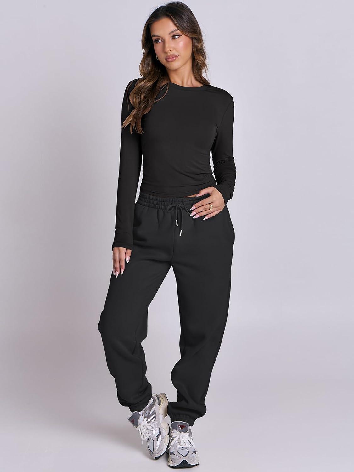 imageANRABESS Womens 2 Piece Sweatsuits Long Sleeve Tight Shirt Tops Joggers Fleece Sweatpants Sets 2025 Fall Sweat Lounge OutfitsBlack