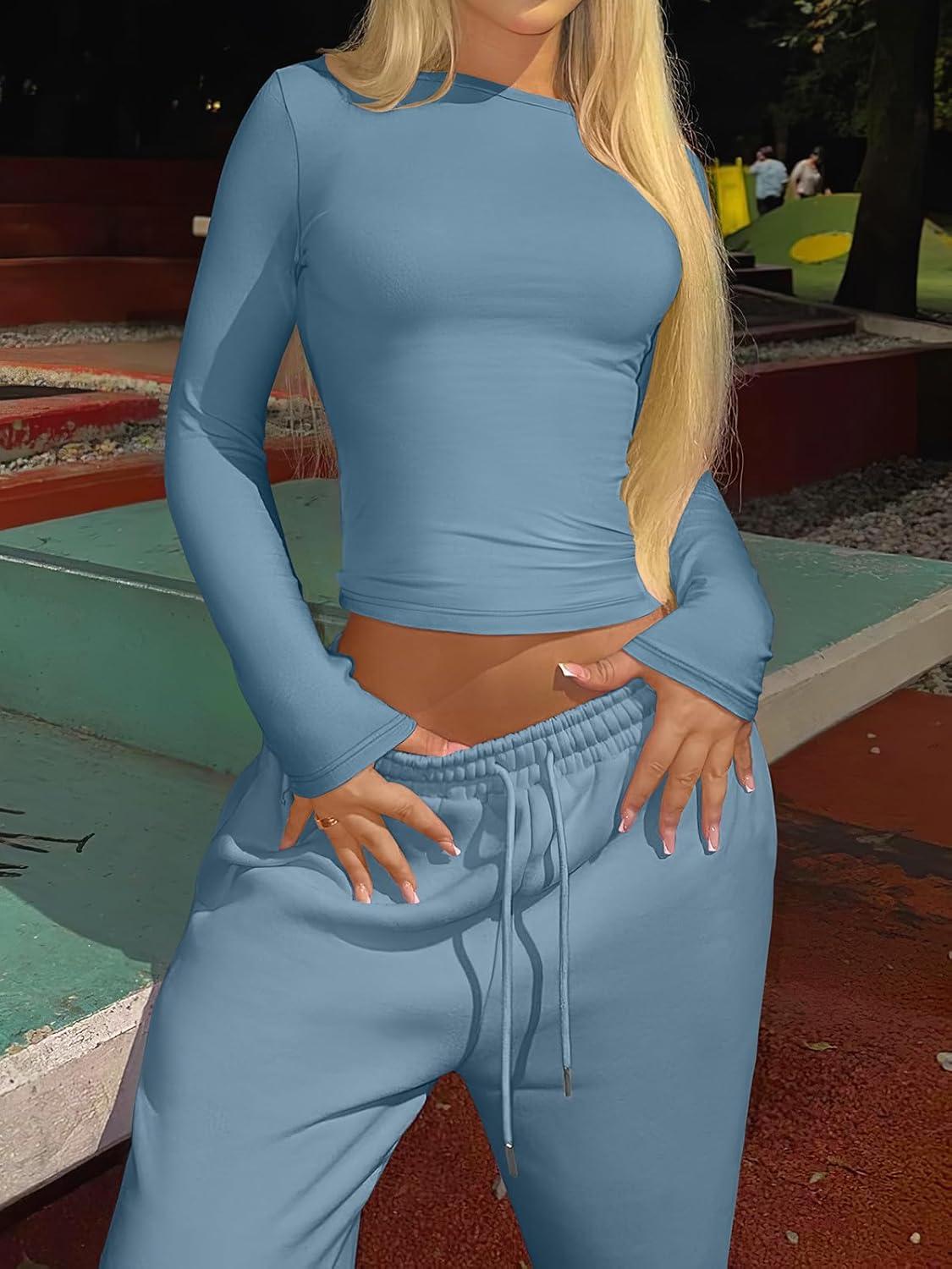 imageANRABESS Womens 2 Piece Sweatsuits Long Sleeve Tight Shirt Tops Joggers Fleece Sweatpants Sets 2025 Fall Sweat Lounge OutfitsGray Blue