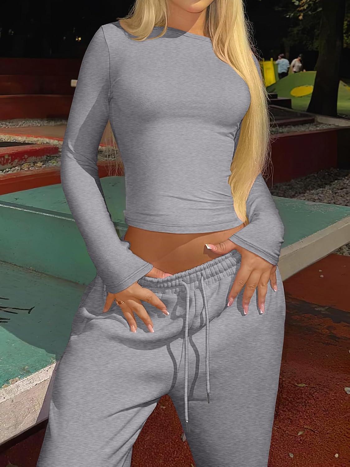 imageANRABESS Womens 2 Piece Sweatsuits Long Sleeve Tight Shirt Tops Joggers Fleece Sweatpants Sets 2025 Fall Sweat Lounge OutfitsGrey